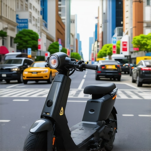 AI-Enhanced Urban Mobility Scooter A futuristic scooter with AI sensors navigating through city traffic